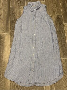 Linen Sleeveless Blue and White Stripe Button-Up Shirt Dress